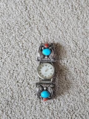 Vintage Turquoise and Coral Cuff Watch